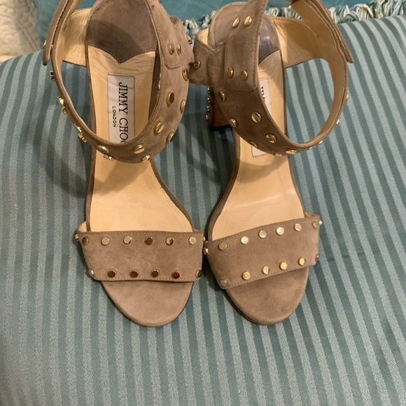 Jimmy Choo Sandals Ankle Strap Heel Studs Suede Beige EU37 1/2/US6 1/2 Authentic - Picture 8 of 14